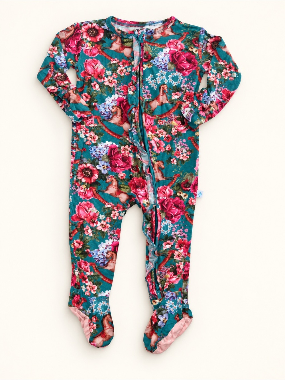 Posh Peanut Teal Floral Footed One-Piece with Pink Blooms
